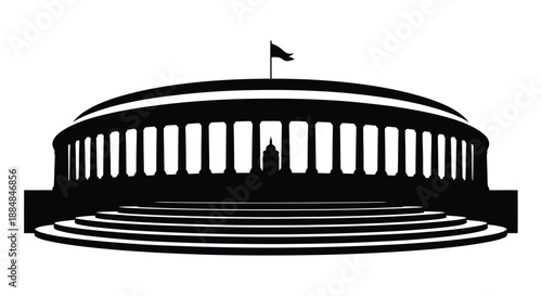 A black silhouette of a government building with a flag on top