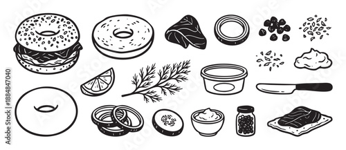 Set of hand-drawn bagel ingredient icons featuring lox, cream cheese, capers, dill, and onion in a black and white line art style for a classic deli brunch