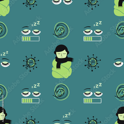 Seamless pattern of sleep, fatigue, and mental states. Features tired eyes, dizzy swirls, and a cozy person wrapped in a blanket on a teal background.