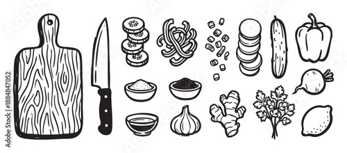 Hand-drawn black and white cooking icons set featuring a cutting board, knife, fresh vegetables, herbs, and spices for culinary design in a simple doodle sketch style
