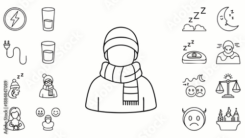 Outline icon set featuring a central person in a winter hat and scarf, complemented by various symbols representing sleep, energy, emotions, and daily life.
