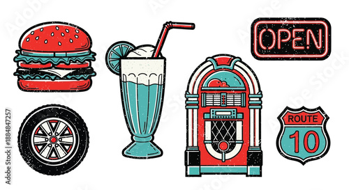 American diner retro icons with burger milkshake jukebox neon sign car wheel and route highway