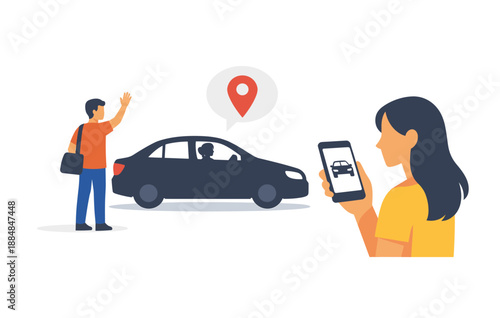 Ride-hailing app use: caucasian female and male engaged with car service interaction