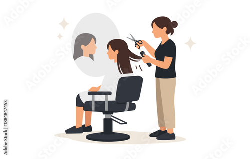 Female hairdresser cutting caucasian woman's hair in salon setting
