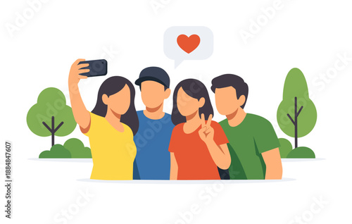 Group of young friends taking selfie outdoors with heart icon symbolizing friendship
