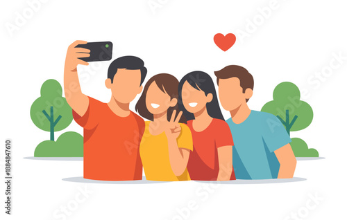 Group of friends taking selfie outdoors with heart symbol