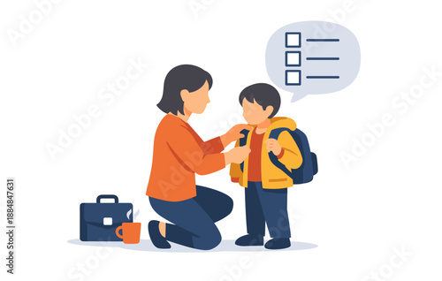 Mother preparing son for school with backpack and checklist