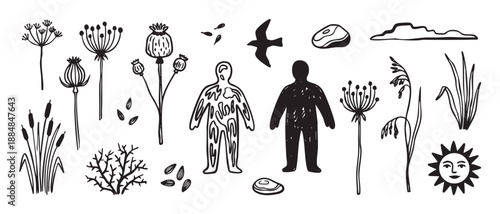 Set of hand-drawn black ink illustrations featuring nature elements like plants, a sun, a bird, and human figures in a primitive, folk art style for symbolic design