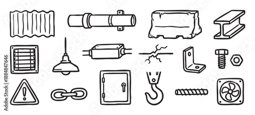 Set of hand-drawn industrial equipment doodles including a pipe, crane hook, bolt, fan, chain, and warning sign in a simple black and white line art illustration style