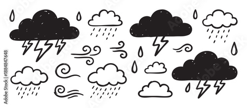 Collection of hand-drawn weather doodles featuring storm clouds, rain, lightning bolts, and wind gusts in a simple black and white sketch style for meteorological concepts