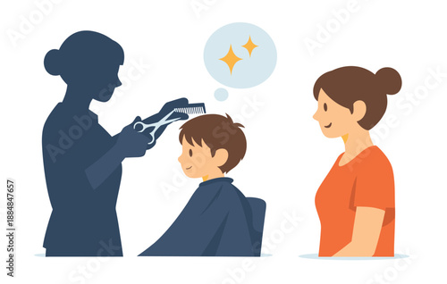 Child's haircut with smiling mother and hairdresser in salon