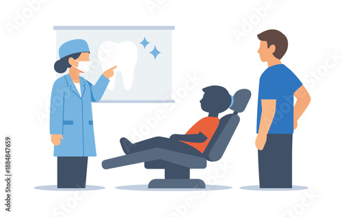 Dentist explains dental care to young patient with parent in clinic setting