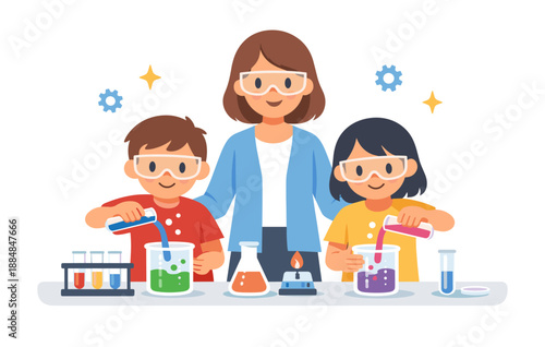 Children and female teacher conducting science experiment in classroom