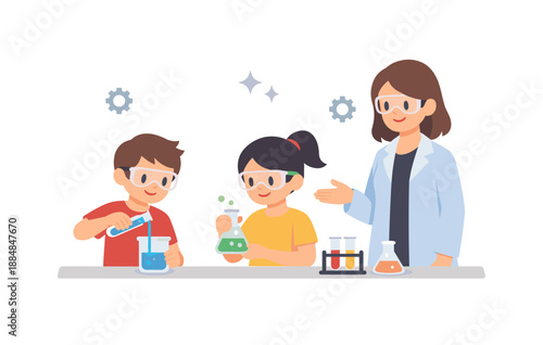 Children conducting science experiment with female teacher in lab