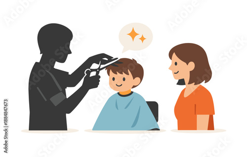 Young caucasian boy getting haircut by male barber with female guardian watching