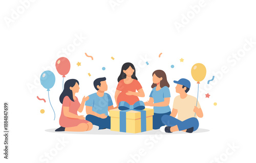 Group of diverse teens celebrating with balloons and a gift box