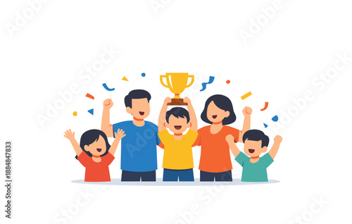 Happy family celebration: caucasian parents and children with trophy and confetti