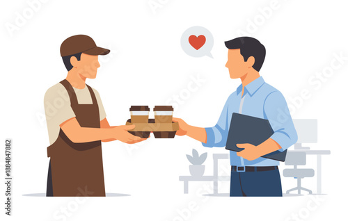 Young hispanic male delivering coffee to asian male in office setting