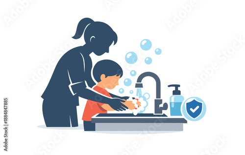 Caucasian female teaching young caucasian boy proper handwashing technique