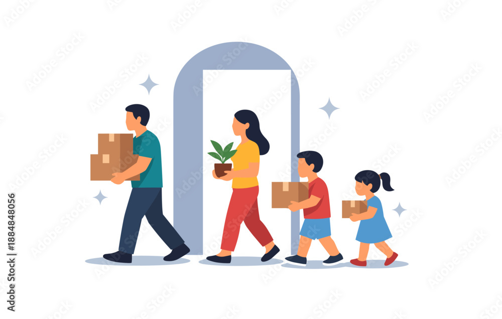 Fototapeta premium Family moving into new home: parents and children carrying boxes and plants