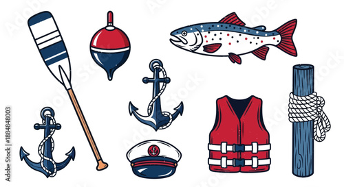 Set of nautical elements including fishing bobber fish, anchor life vest boat oar captain hat