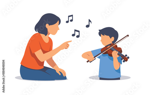 Asian female teaching young asian boy violin in music lesson illustration