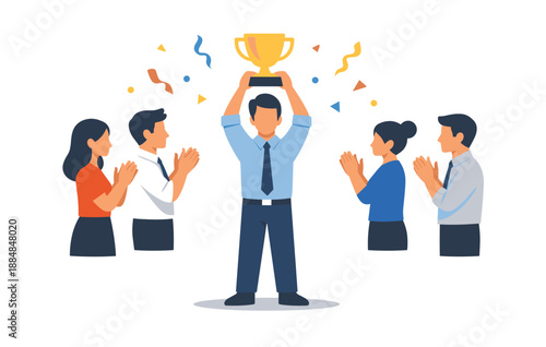 Diverse team celebrating with trophy: male winner surrounded by applauding colleagues
