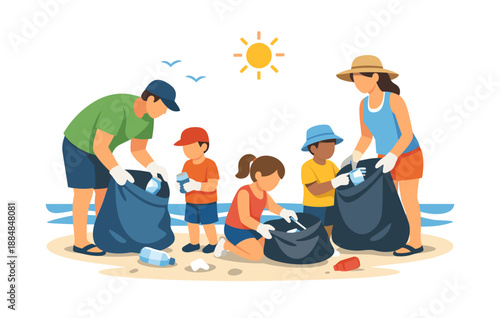 Diverse group of adults and children collecting litter on beach