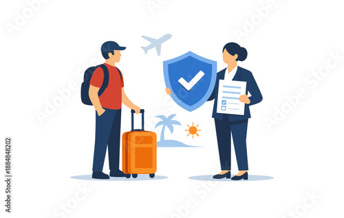 Travel insurance discussion: male traveler with luggage and female agent