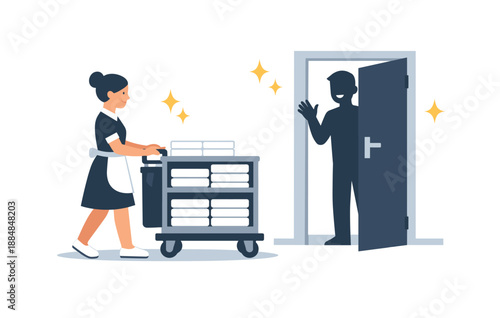 Hotel maid delivering towels to guest room with door ajar