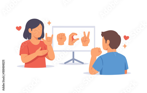 Male and female learning sign language with hand symbols on screen