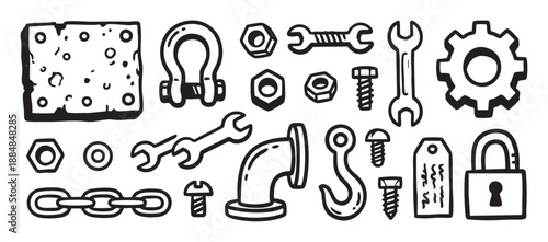 Set of various hand-drawn hardware tools and mechanical parts like a wrench, nut, bolt, gear, padlock, and chain, illustrated in a simple black and white graphic doodle style