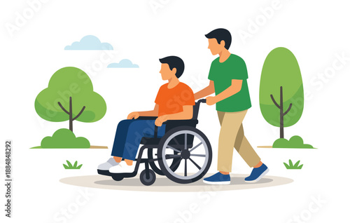 Young adult males outdoors with wheelchair in park