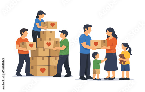 Volunteers and families engaged in community donation efforts