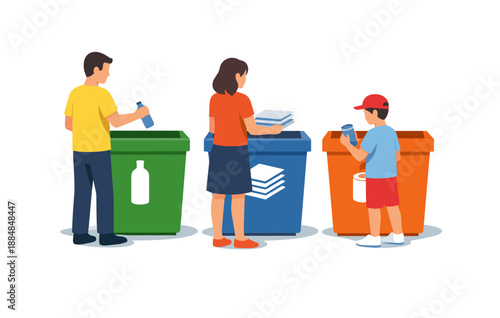 People recycling with colorful bins: an eco-friendly activity