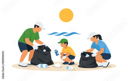 Group of people collecting litter outdoors in sunshine