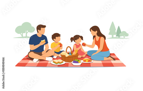 Family picnic outdoors with children and parents enjoying sandwiches and fruit
