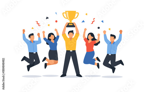 Celebratory team of young adults holding trophy and cheering