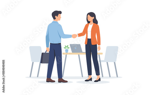 Business meeting with male and female professionals handshake in office setting