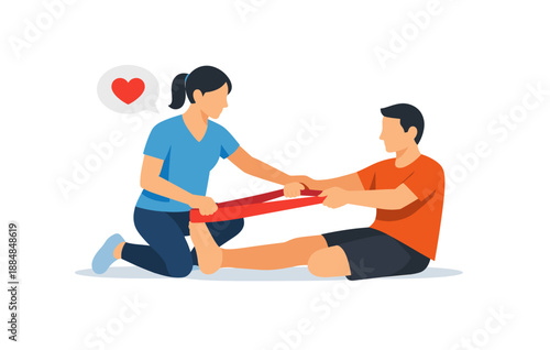 Female therapist assisting male patient with stretching exercise