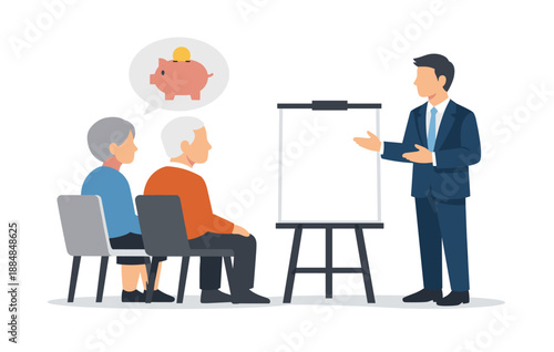 Business presentation by young asian male to mature audience on savings strategy