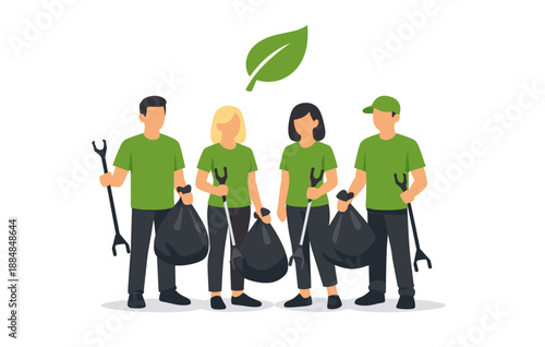 Diverse group of volunteers collecting trash outdoors for environmental clean-up