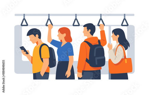 Commuters standing in public transit: young asian and caucasian adults