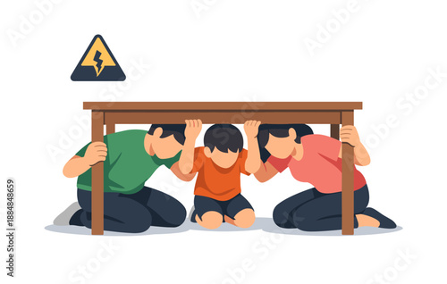 Family earthquake safety drill: asian adults and child under table
