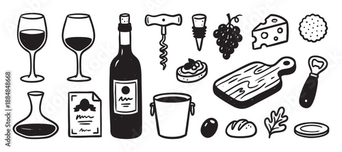 Hand-drawn set of wine tasting elements in a simple black ink doodle style, including a bottle, glasses, cheese, grapes, and various accessories for a winery or bar
