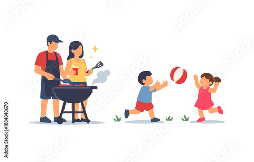 Family barbecue: parents grilling and children playing with ball