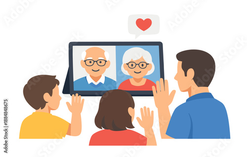 Family video call with grandparents on tablet screen