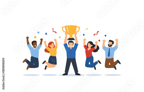 Group of diverse adults celebrating victory with trophy and joyful expressions