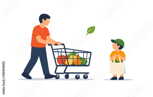 Asian father and child grocery shopping with fruits and vegetables
