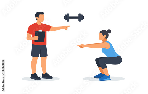 Fitness training session with male coach and female exerciser in squat position